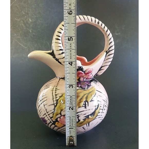 Hull Blossom Flight Pink Pottery Pitcher Basket Weave Pattern Ram's Horn Handle - Picture 9 of 9